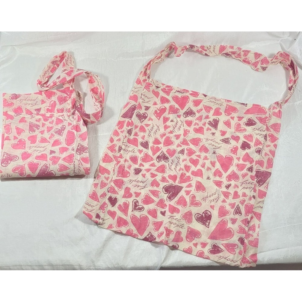 2 Free People Pink & Red Valentines Hearts Gauze Tote Bags - 12.5"x15"x3" - NWOT